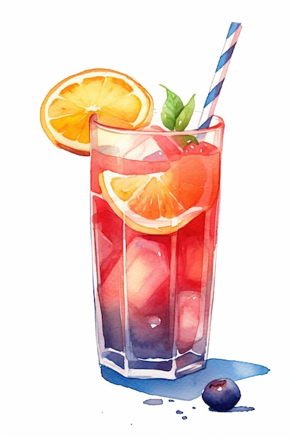 A watercolor painting of a drink with orange slices and a straw generative ai image