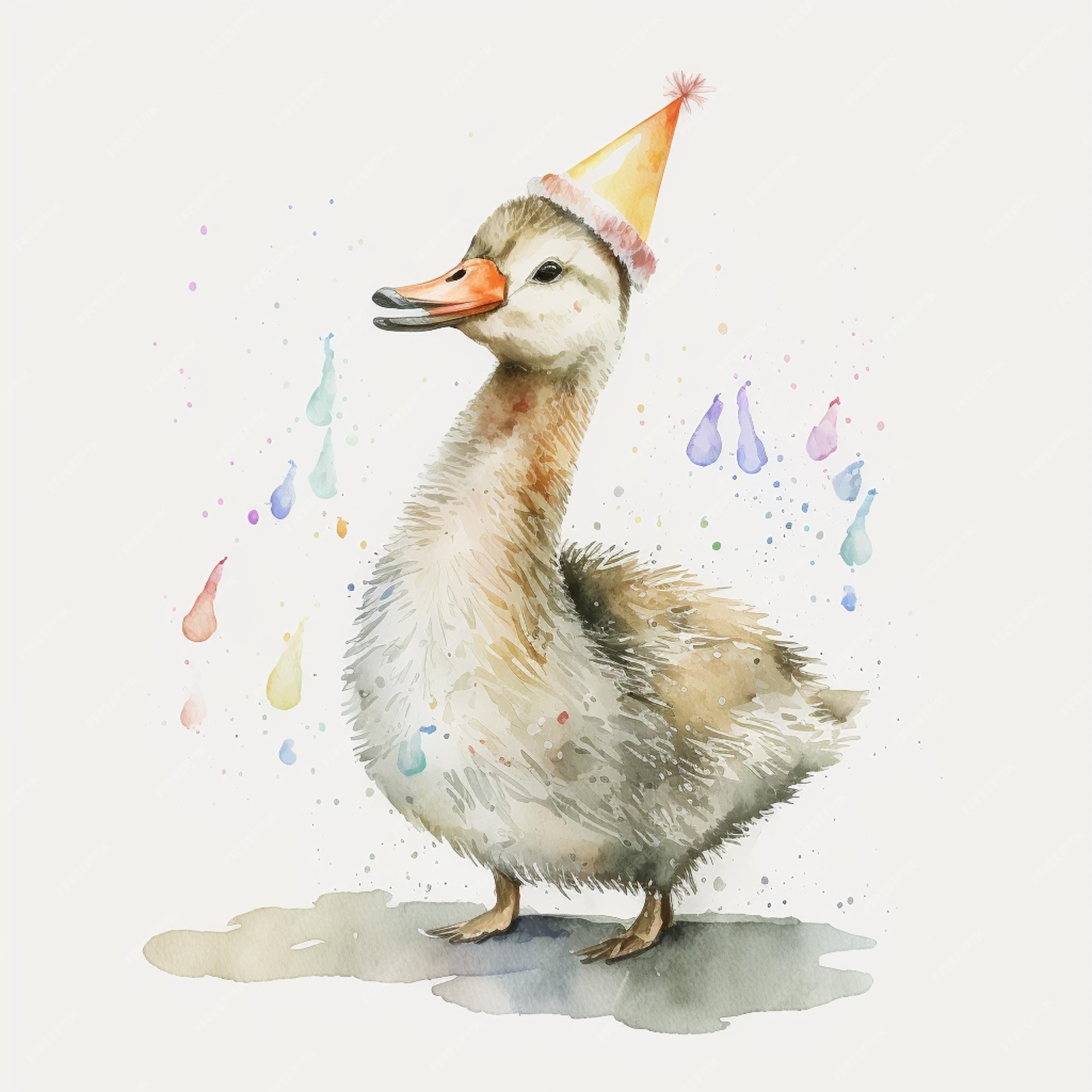 Premium Photo | A watercolor painting of a duck wearing a party hat.
