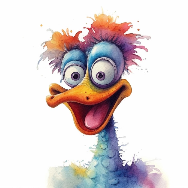 A watercolor painting of a duck with a blue head and a purple hat.