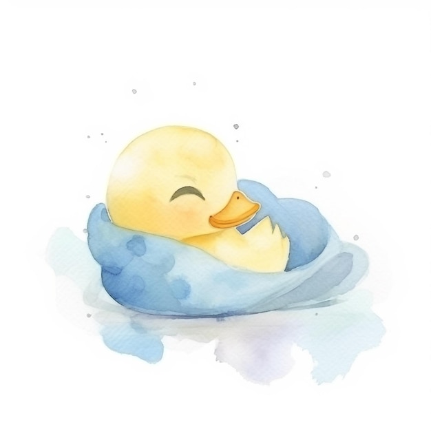 A watercolor painting of a ducky sleeping on a pillow.