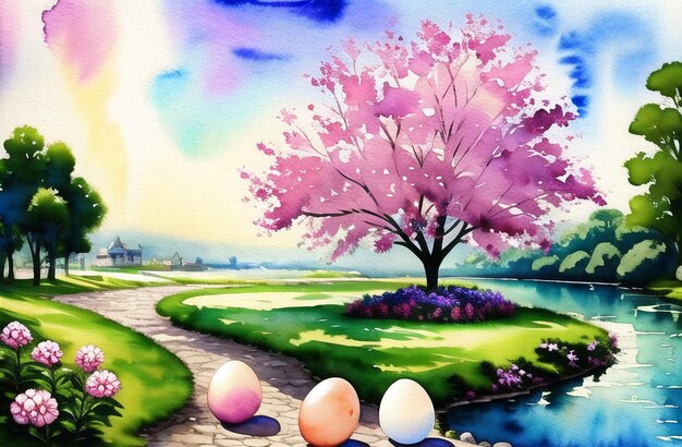 Watercolor painting Easter bunny Eggs Nature Landscapes Happy easter day Cute bunny AI Generated