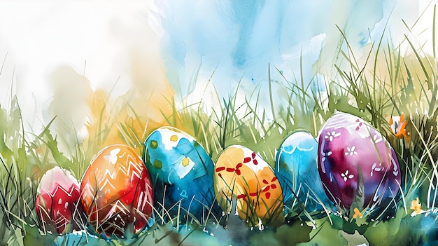 Акварель рисует пасхальные яйца в траве