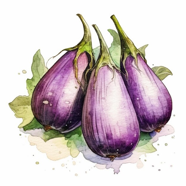 Watercolor painting of eggplant with the leaves on the top.