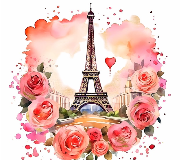 A watercolor painting of the eiffel tower in paris with a heart shaped balloon