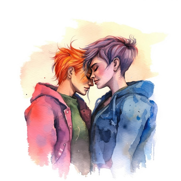 Watercolor painting of eighteenyearold LGBT couple