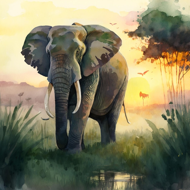 Photo a watercolor painting of a elephant standing in a lush green landscape with the sun setting