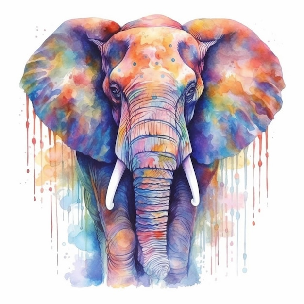 Watercolor painting of an elephant with a colorful tusk.