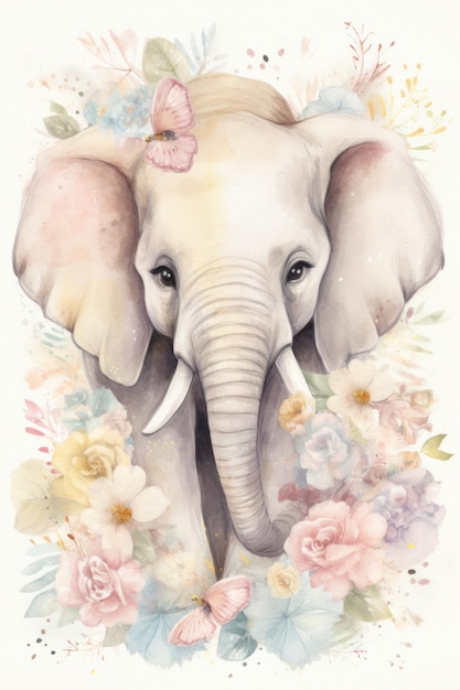 Акварельный рисунок слона с цветами на нем.