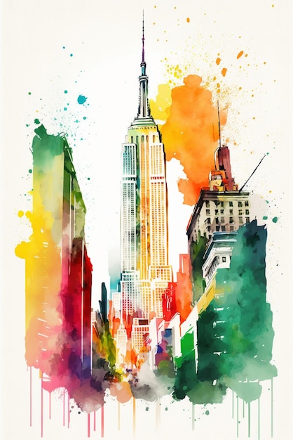 A watercolor painting of the empire state building in new york city