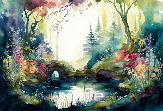 A watercolor painting of an enchanted fairytale forest with trees anda river