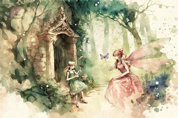 A watercolor painting of a fairy and a girl in pink.