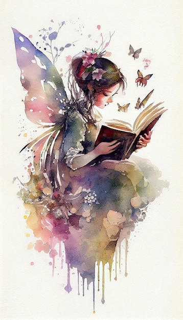 A watercolor painting of a fairy reading a book.