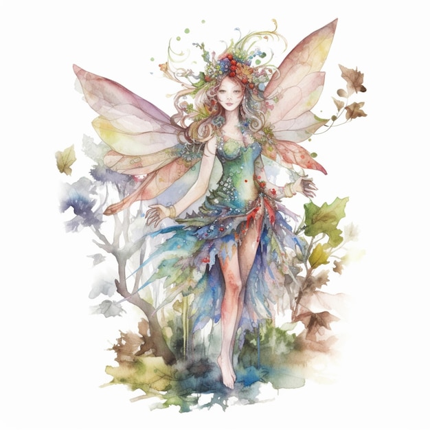 A watercolor painting of a fairy with a floral dress and a rainbow dress