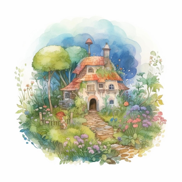 A watercolor painting of a fairytale cottage.