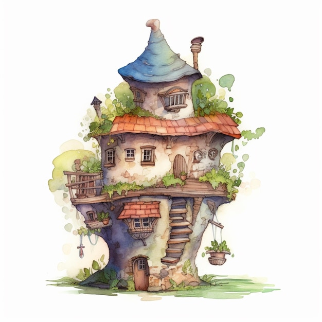 A watercolor painting of a fairytale house.