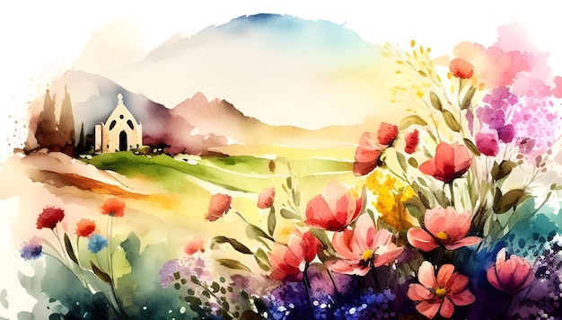 Watercolor painting of a farm and a field with flowers