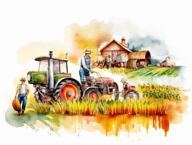 A watercolor painting of a farmer plowing a rice field.