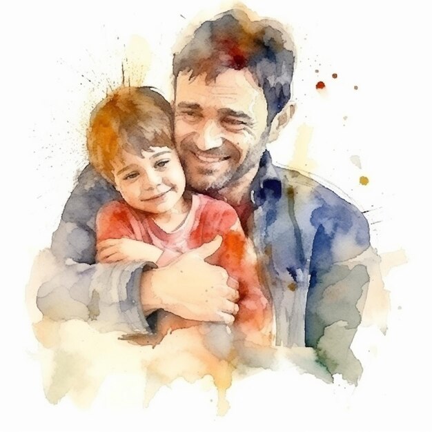 A watercolor painting of a father and son hugging