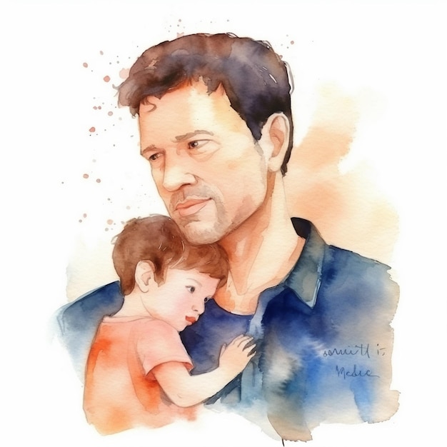 A watercolor painting of a father and son