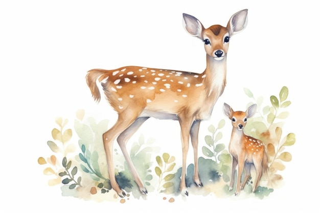 A watercolor painting of a fawn and her fawn.