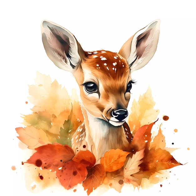 A watercolor painting of a fawn with autumn leaves.