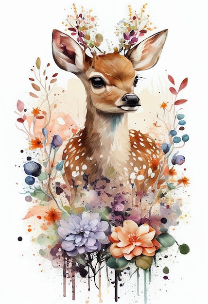 Photo a watercolor painting of a fawn with flowers doe