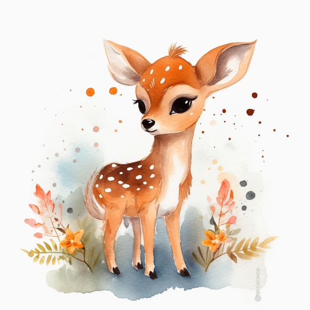 A watercolor painting of a fawn with flowers and the words fawn on it