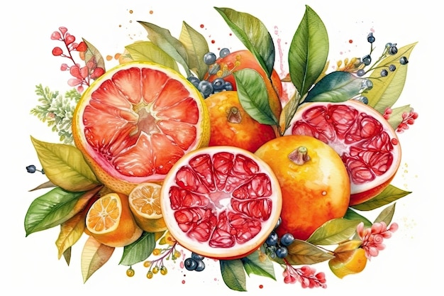 Watercolor painting featuring juicy pomegranates and oranges Generative AI