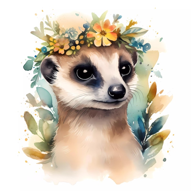 A watercolor painting of a ferret with a flower crown.