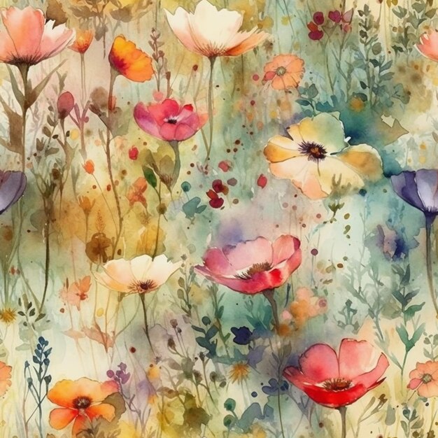 Watercolor painting of a field of flowers with a butterfly on the bottom.