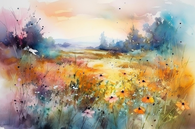 A watercolor painting of a field of flowers with a sunset in the background.