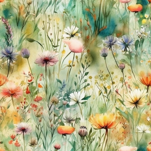 A watercolor painting of a field of flowers.