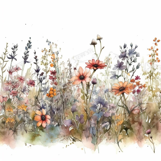 Watercolor painting of a field of flowers