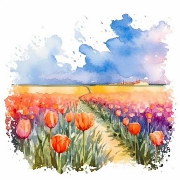 watercolor painting of a field of tulips with a path leading to the horizon generative ai