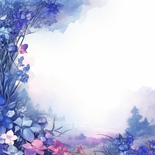 파란 꽃 이 있는  ⁇  의 수채화 그림