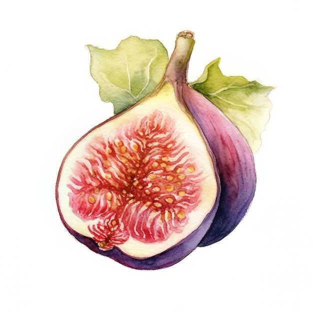 A watercolor painting of a fig with leaves on it