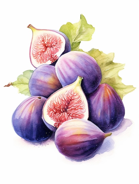 A watercolor painting of figs with a green leaf on the top.