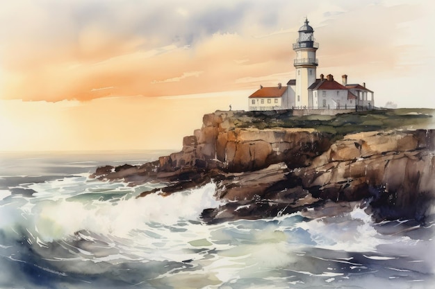 Watercolor painting of the finisterre lighthouse in galicia at sunset