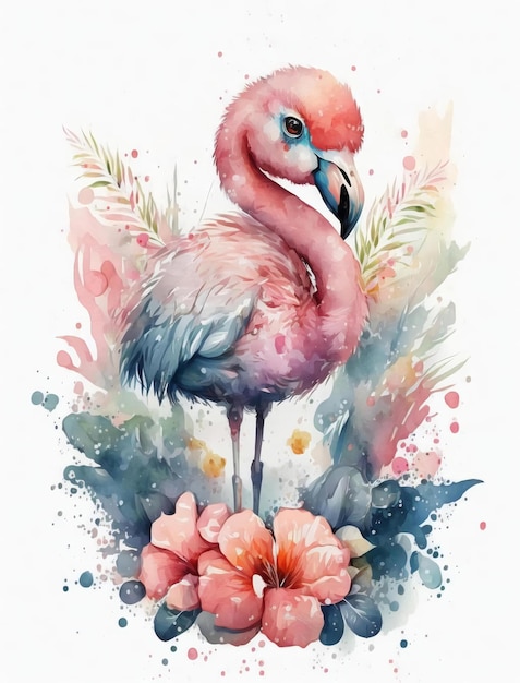 A watercolor painting of a flamingo with flowers and a pink flamingo.