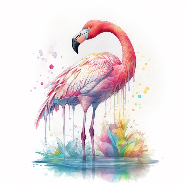 A watercolor painting of a flamingo with the word flamingo on it.