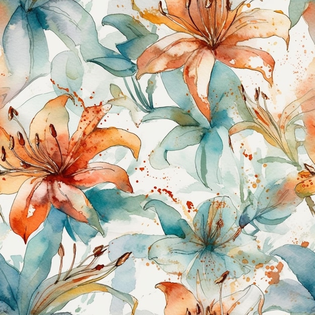 A watercolor painting of a floral background with orange and blue flowers.