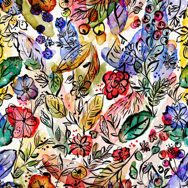葉のある花柄の水彩画。