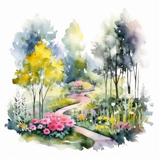 Watercolor painting of a flower garden