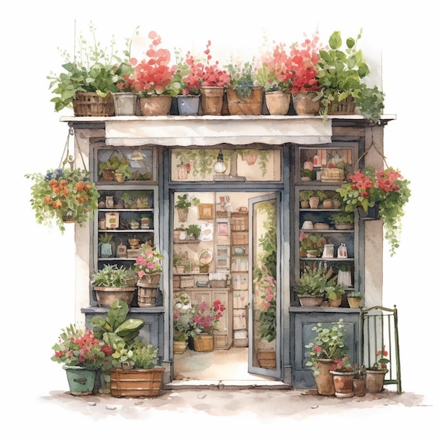 A watercolor painting of a flower shop