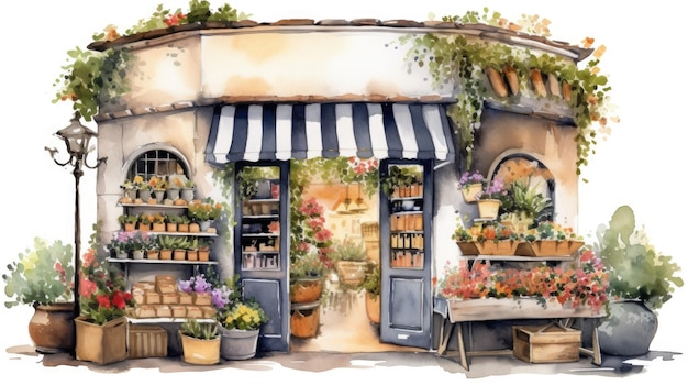 A watercolor painting of a flower shop.