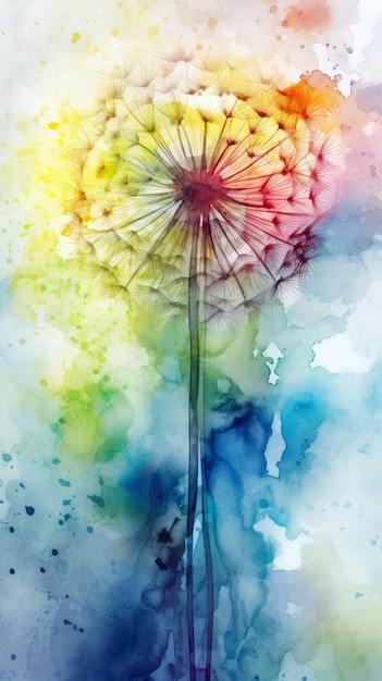 A watercolor painting of a flower with a blue background and the word dandelion on it.