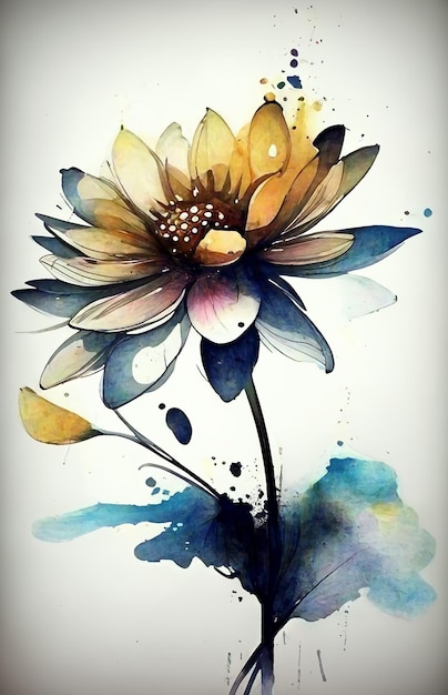 Watercolor painting of a flower with a blue background.