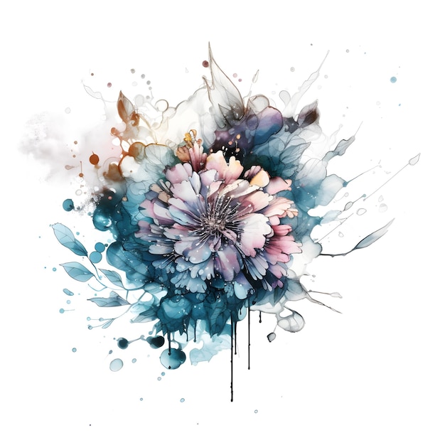 A watercolor painting of a flower with blue and pink flowers.