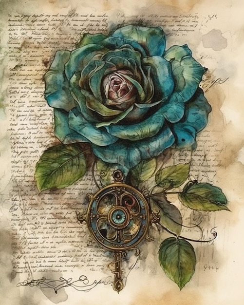 A watercolor painting of a flower with a compass on it.