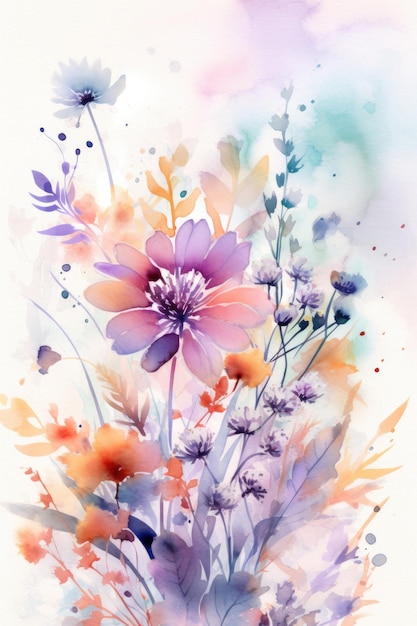 보라색과 주황색으로 꽃을 그린 수채화